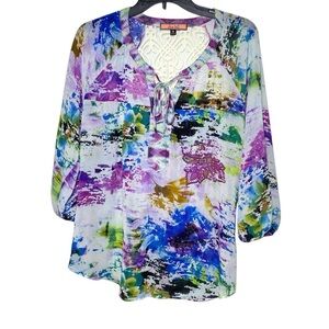 Olive Hill Women’s Boho Blouse Size M Abstract V Neck Sheer Lace Long Sleeve